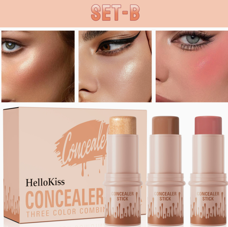 HelloKiss 3-in-1 Contouring Stick Set - All-in-One Highlight, Contour & Blush for a Sculpted Face