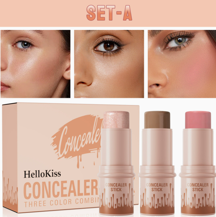HelloKiss 3-in-1 Contouring Stick Set - All-in-One Highlight, Contour & Blush for a Sculpted Face
